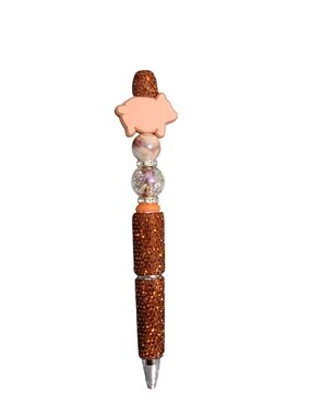 Glittery Orange Beaded Ballpoint Pen with Pink Pig (Marranito) Charm